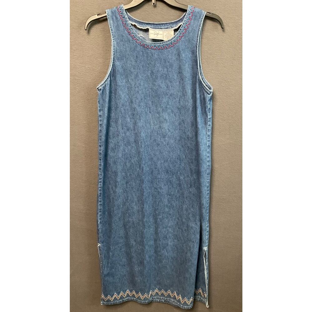 Retro Studio Ease Denim Dress 12 Boho Embroidered Sleeveless Long‎ Cottagecore